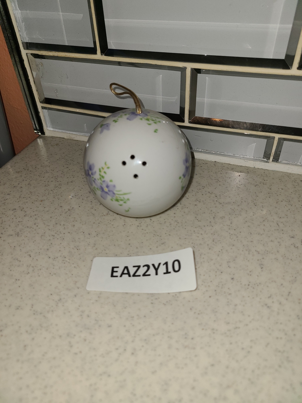 Vintage White Ceramic Ornament with Purple Floral Motif and Gold Cord - Picture 3 of 4